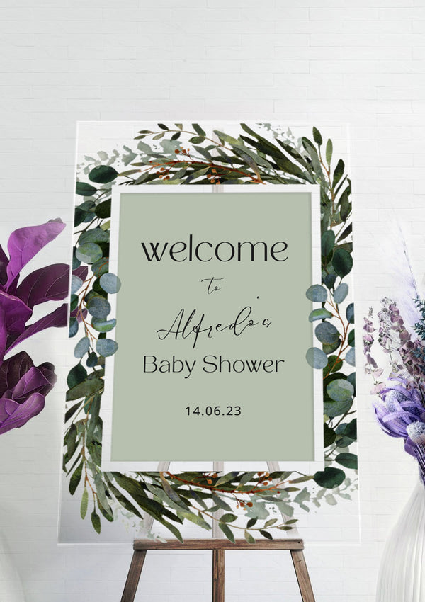 Green Boho Floral Baby Shower Ceremony Welcome Sign