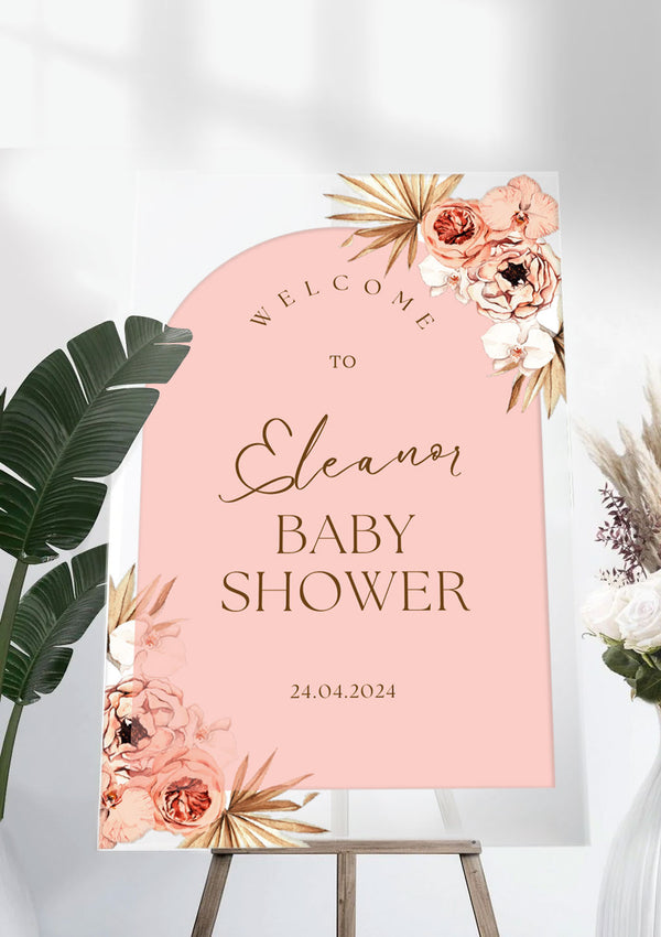 Pink Boho Dry Flowers Baby Shower Ceremony Welcome Sign