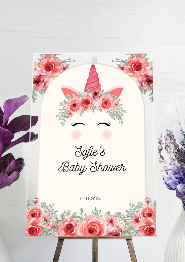 Pink Rose Flower With Unicorn Baby Shower Ceremony Welcome Sign