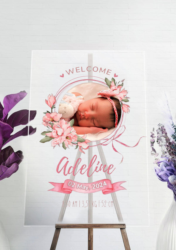 Pink Watercolour Floral Photo Frame Birth Announcement