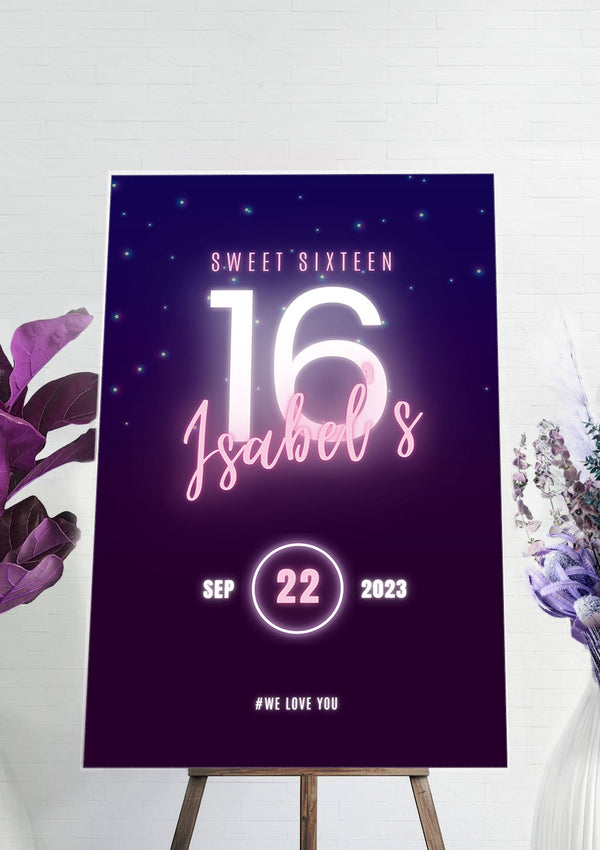 Pink and Black Neon Birthday Party Virtual Party Sign