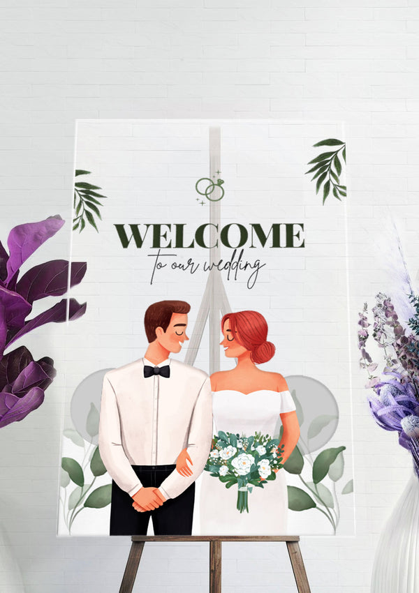 White & Green illustration Wedding Ceremony Welcome Sign